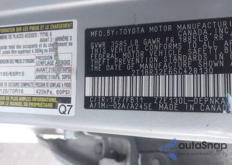 2005 Toyota Corolla Le из США, поврежденный, VIN 2T1BR32E65C428130